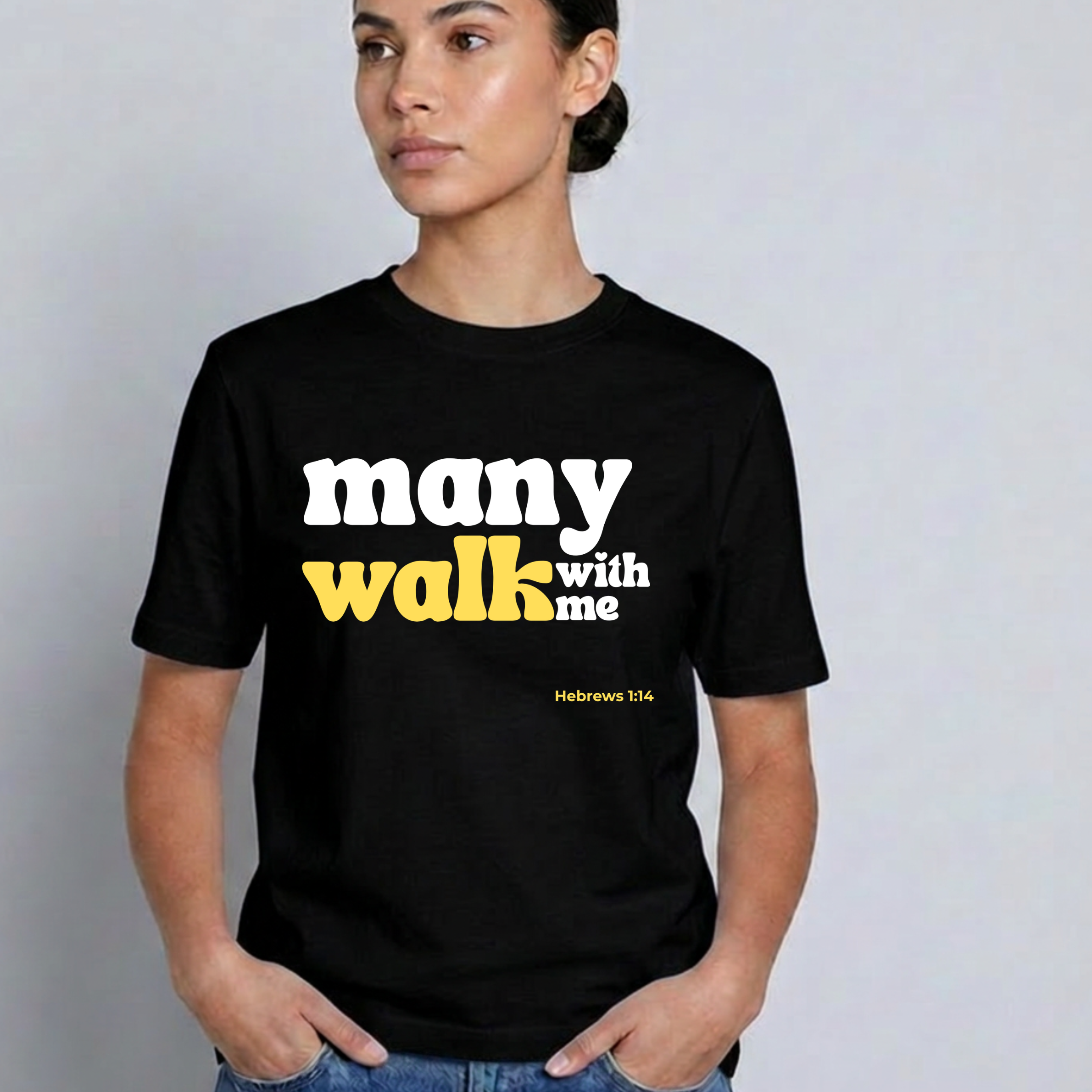 Faith clothing graphic tee featuring the Many Walk With Me Hebrews 1:14 angel scripture design from Hagahtshirts shop