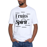 Premium cotton faith clothing t-shirt featuring the Fruits of the Spirit scripture graphic design from Galatians 5:22–23